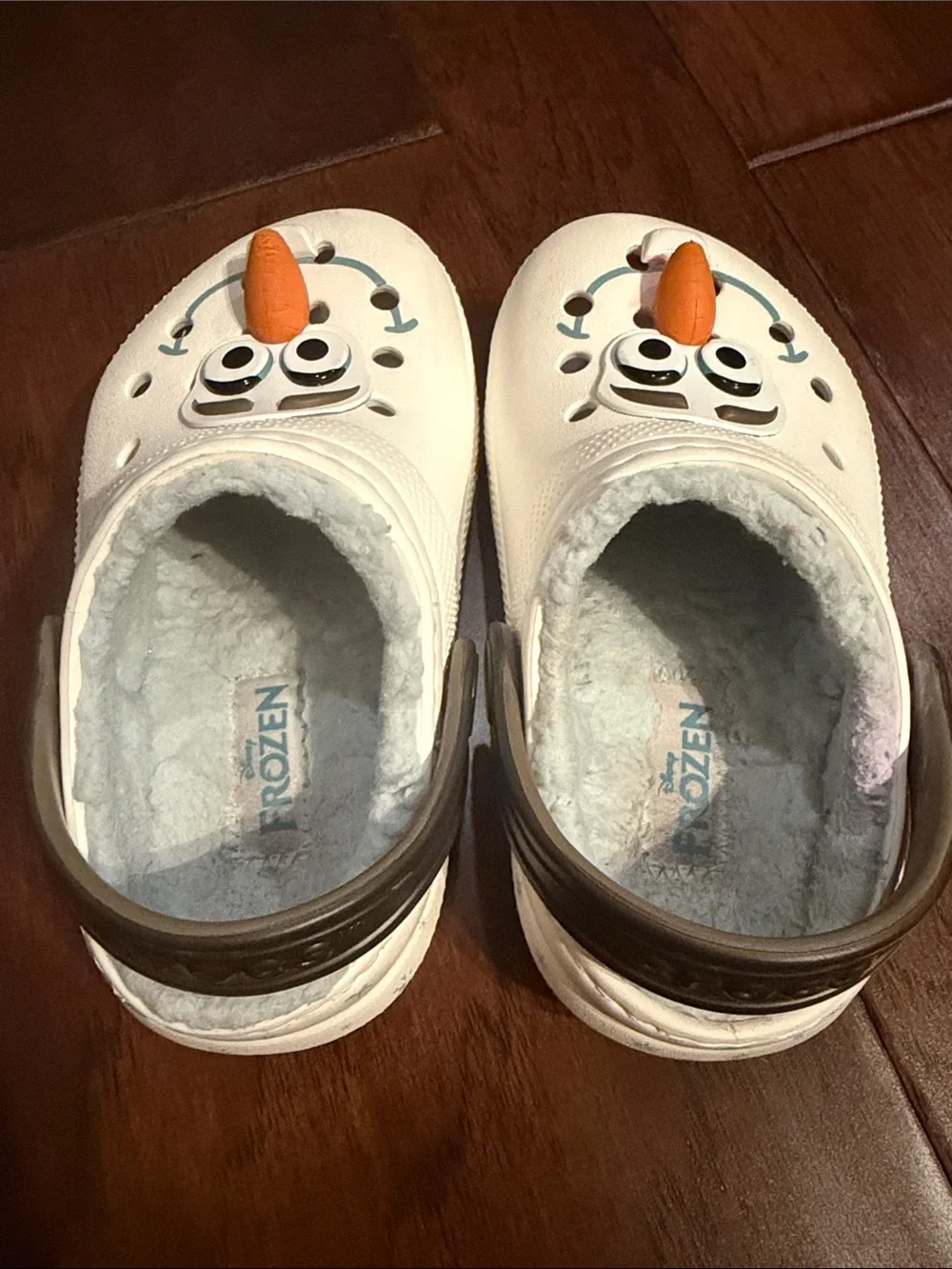 CROCS Kids White Olaf Fleece-Lined Clogs with Orange Nose